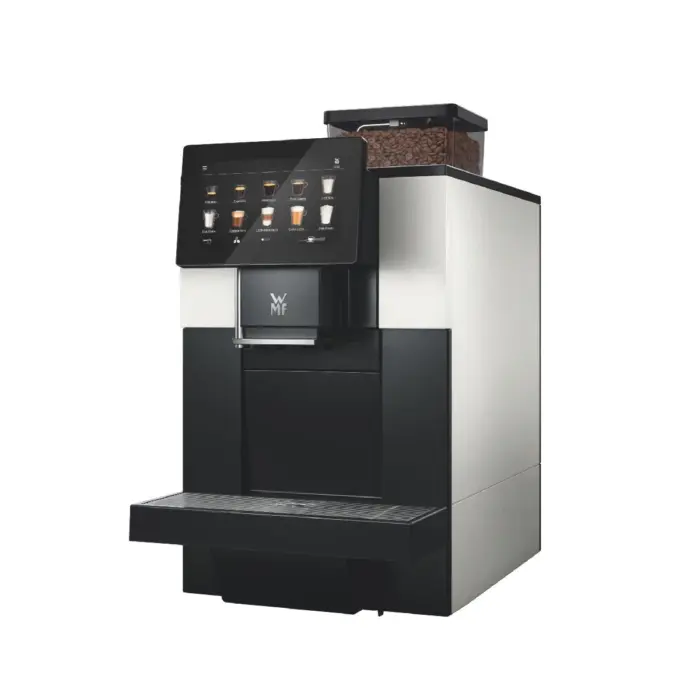Modern coffee machine with touchscreen interface.