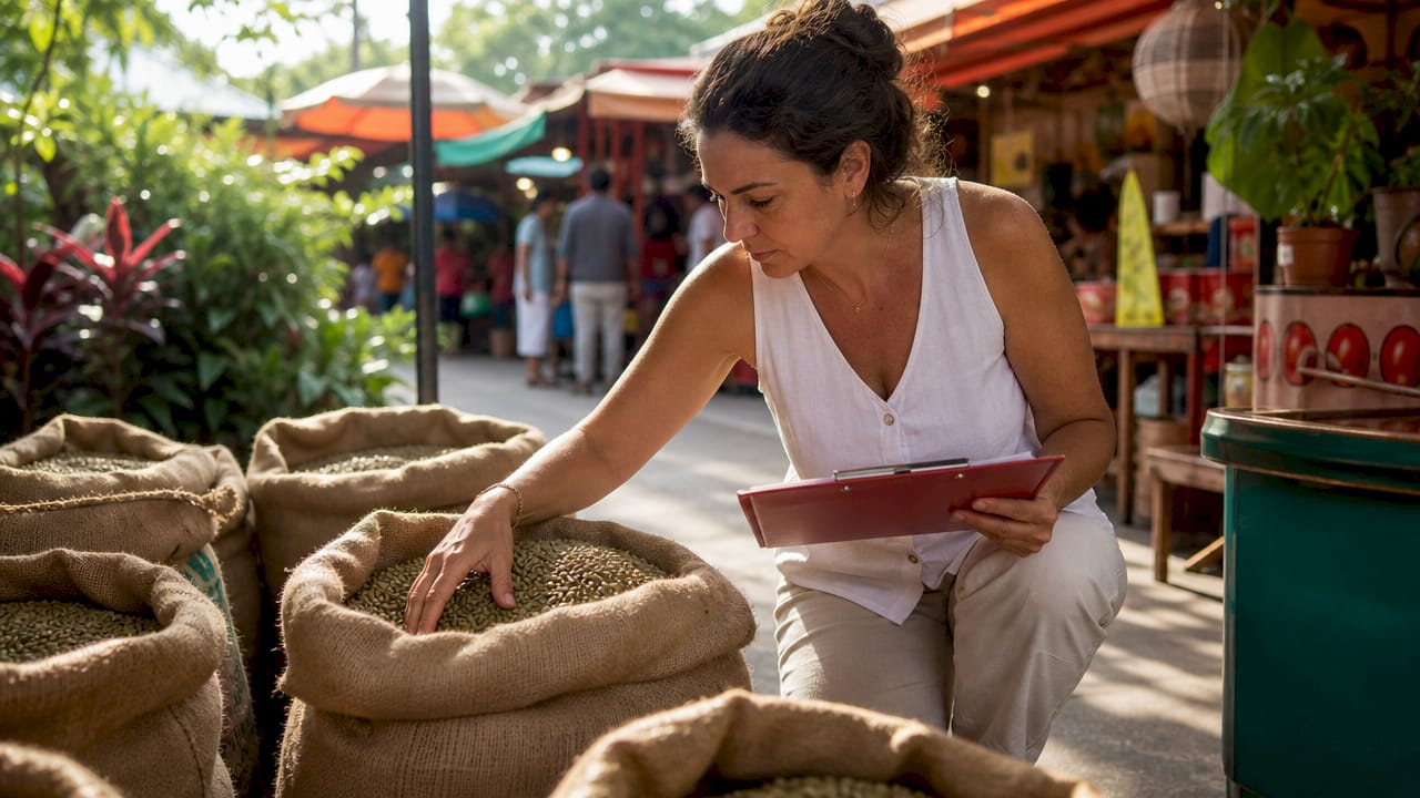 Cafe owner inspecting wholesale coffee bean sacks