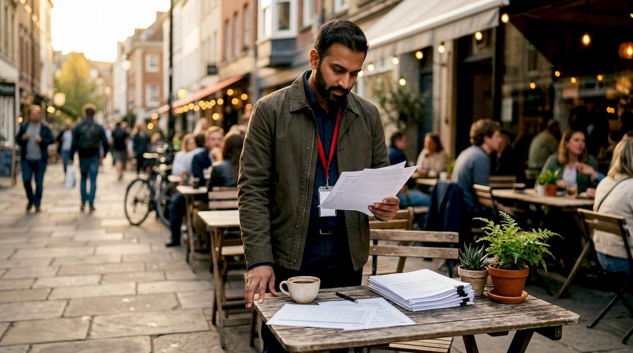 Man reviewing coffee supplier documents in café office