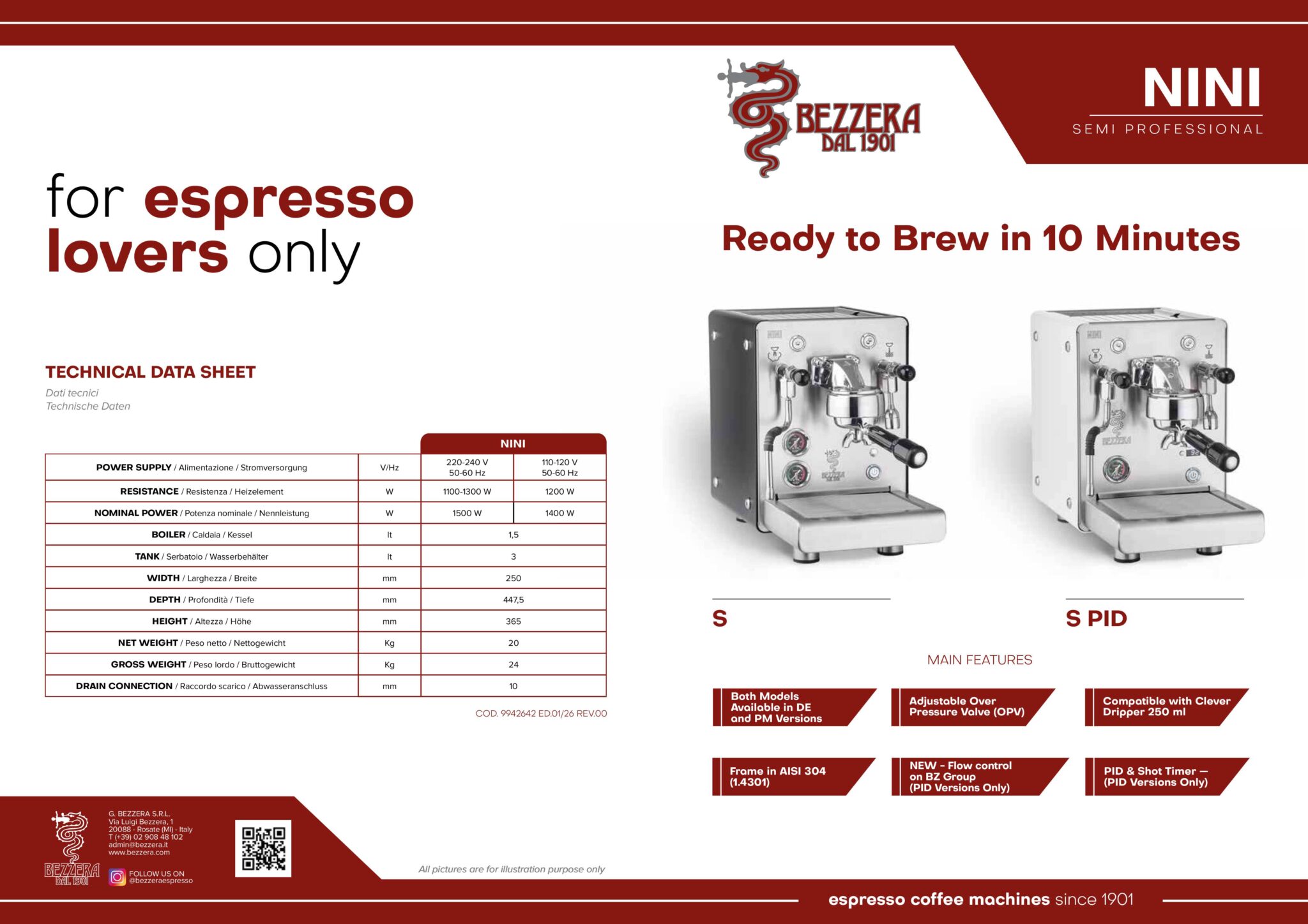 Bezzera NINI coffee machine technical specifications sheet