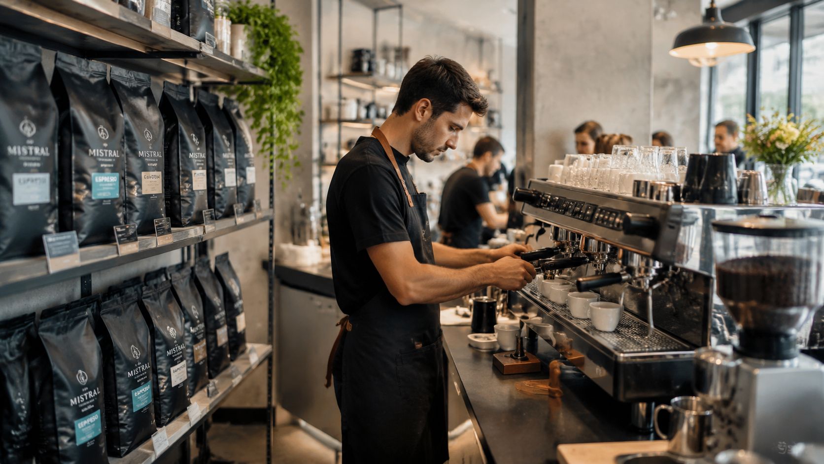 A professional barista wearing an apron prepares espresso drinks on a commercial machine in a coffee shop.