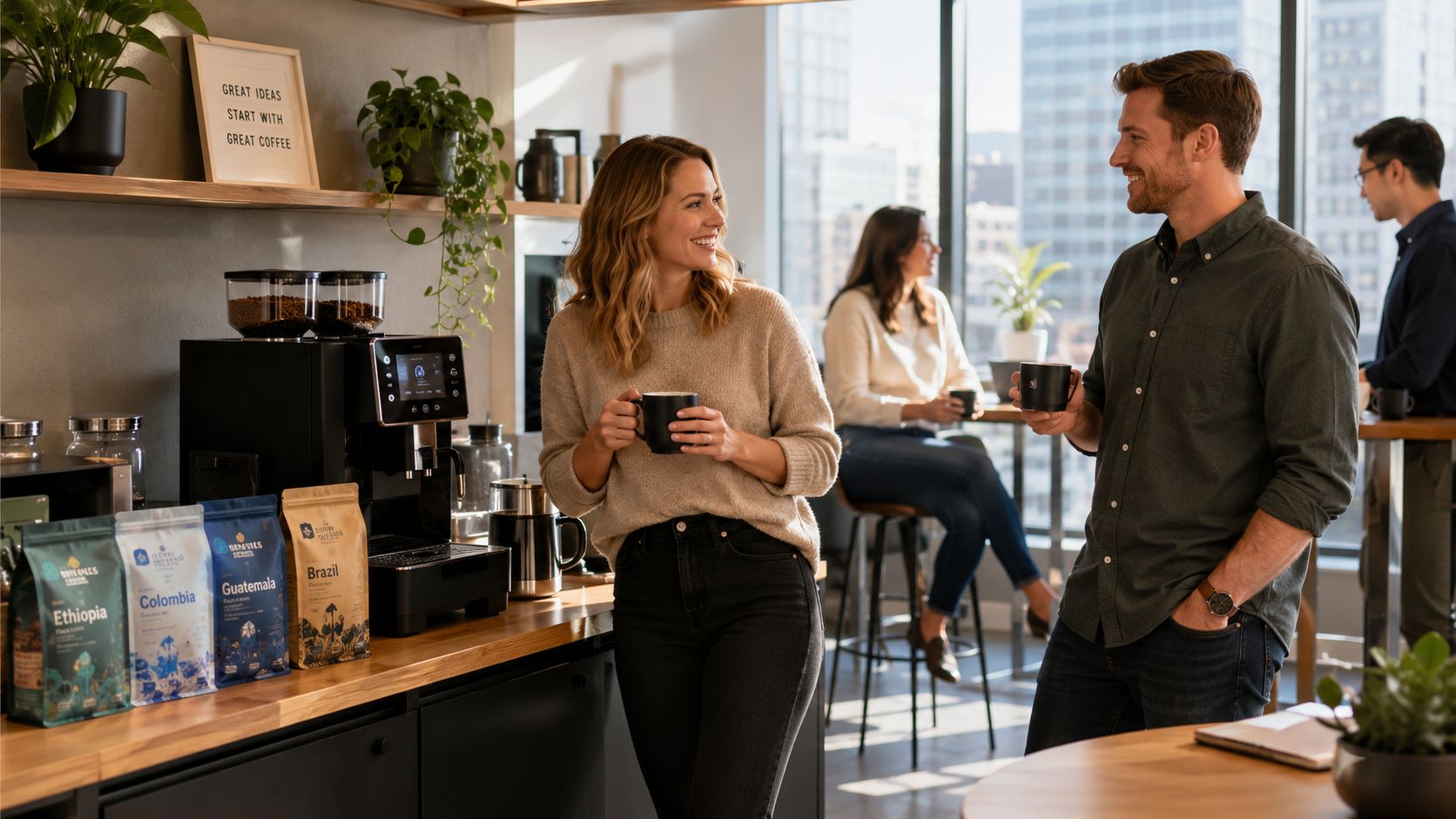 A man and woman smiling while holding mugs of coffee in a modern, bright office kitchen.