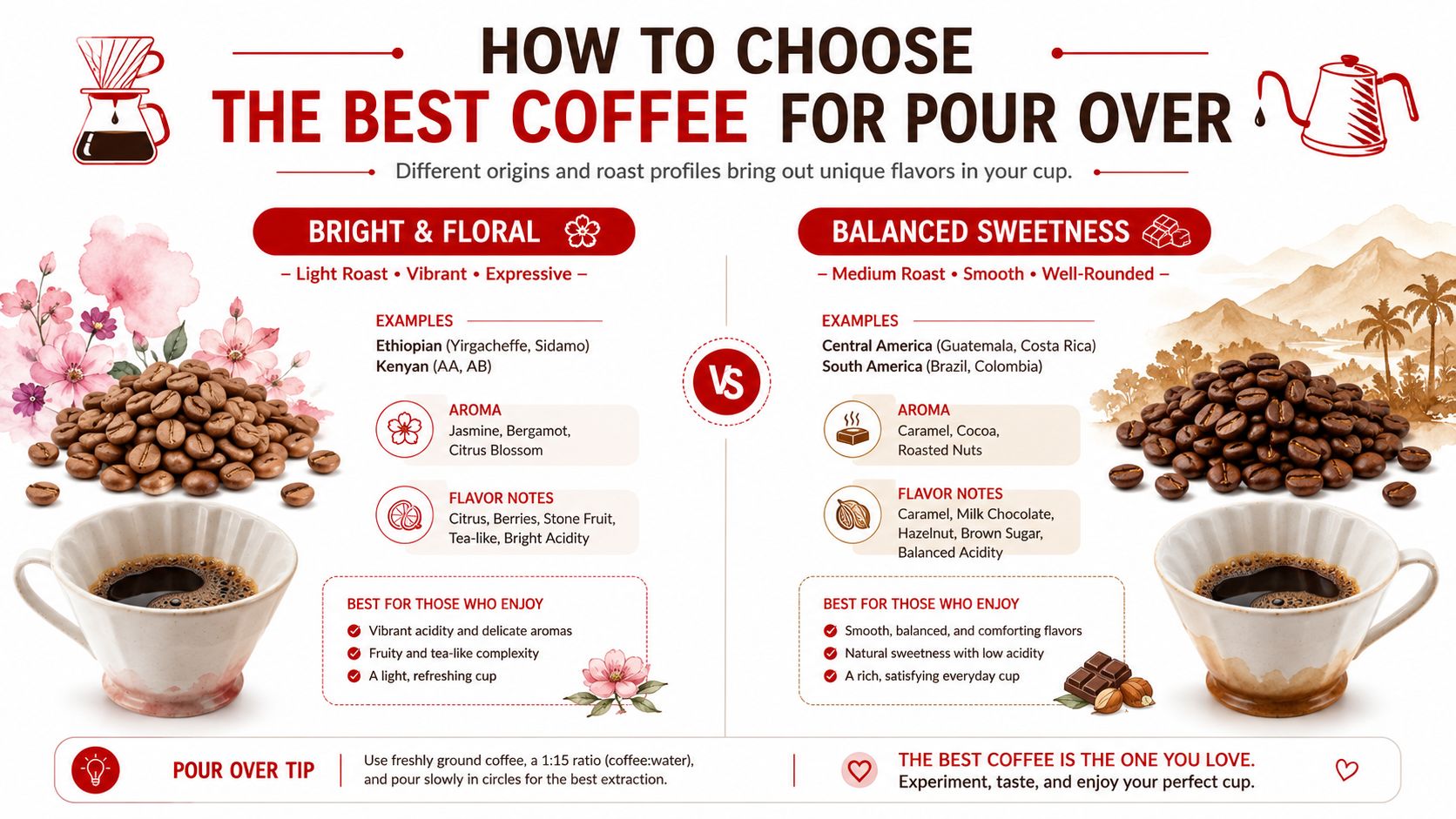 An infographic illustrating how to choose the best coffee for pour over brewing by comparing flavor profiles.