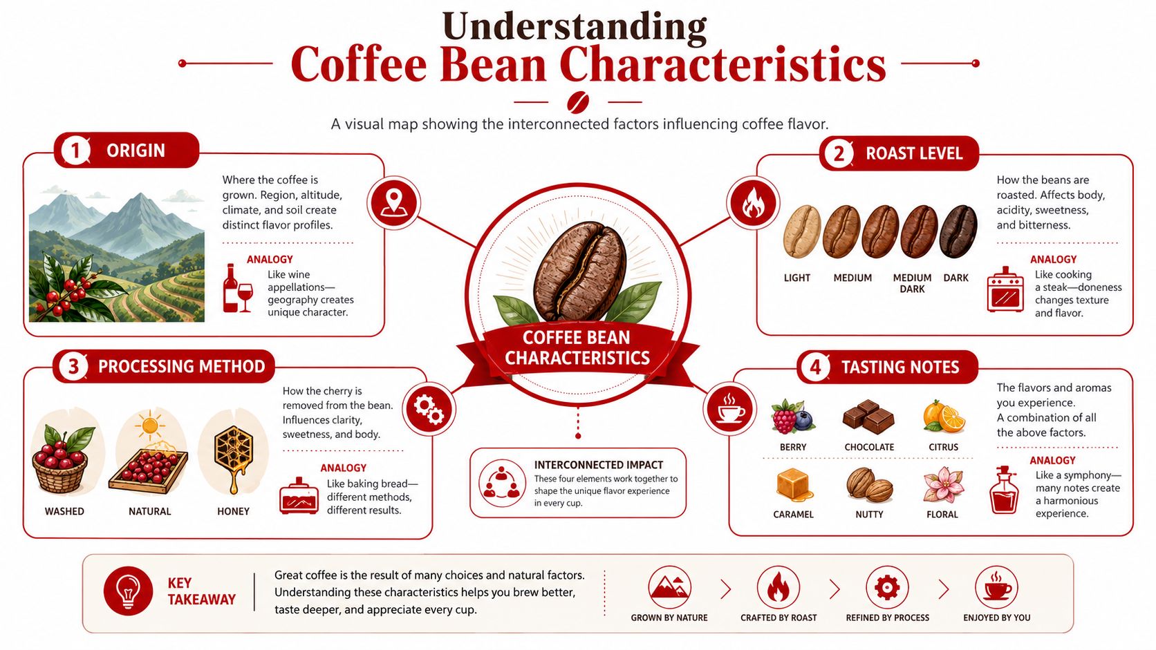 An infographic titled Understanding Coffee Bean Characteristics detailing origin, roast level, processing method, and tasting notes.