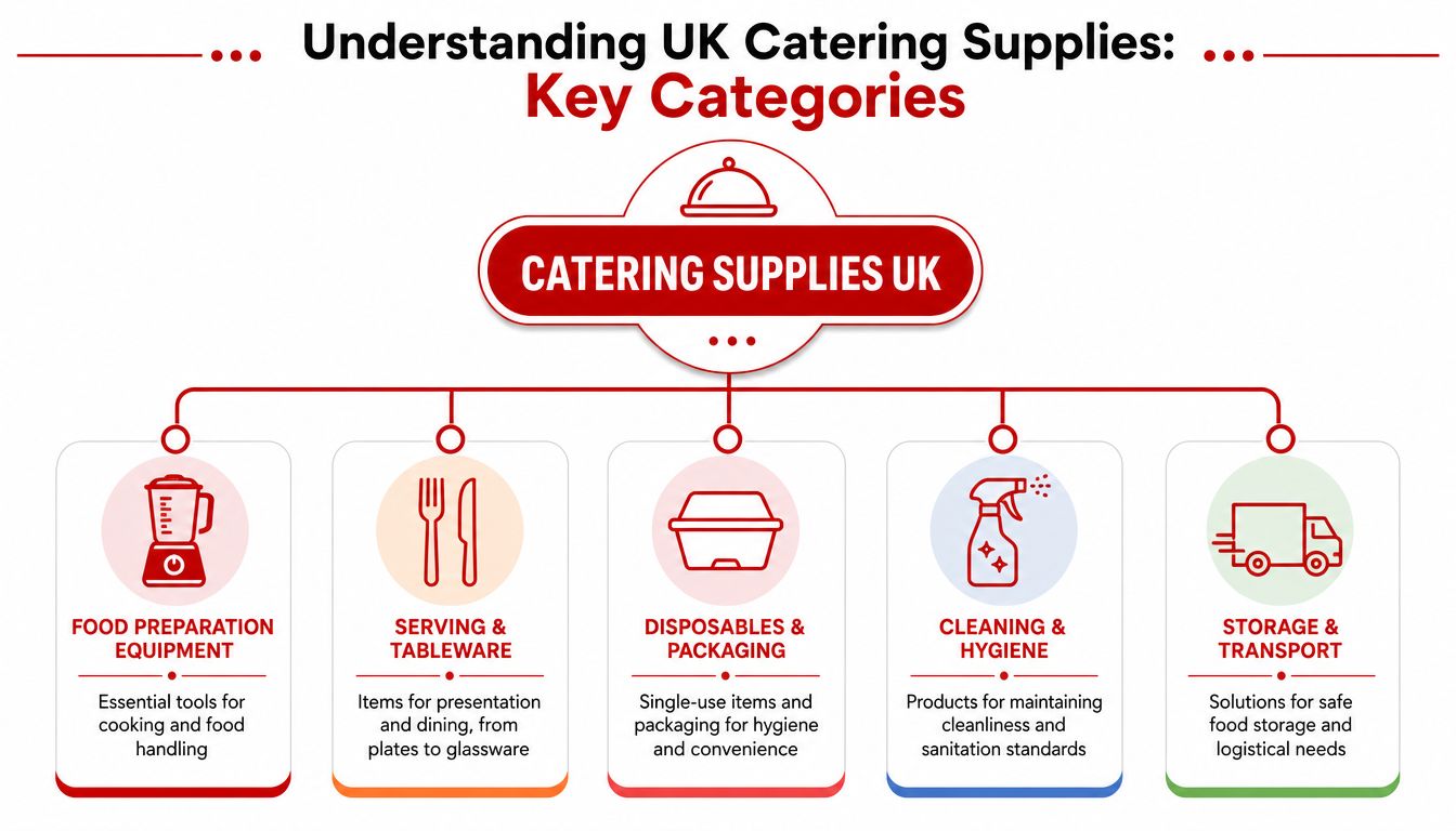 An infographic titled Understanding UK Catering Supplies showing five key categories for professional food service businesses.