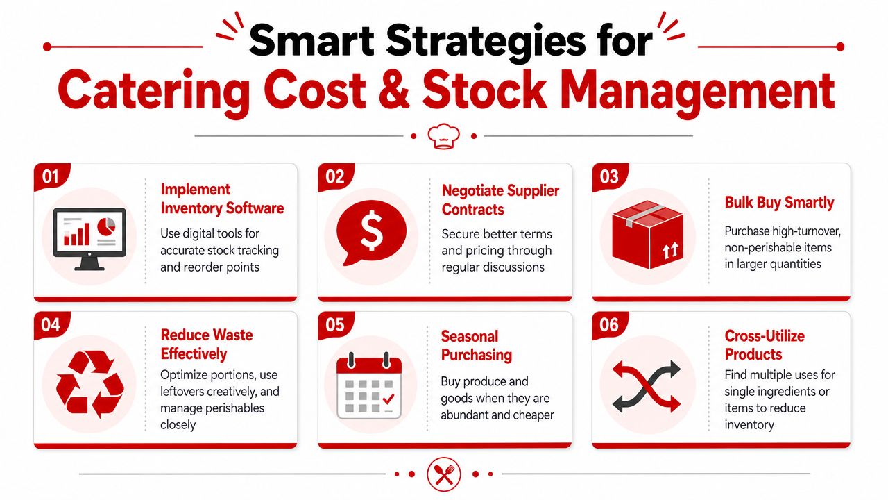 An infographic showing six smart strategies for effectively managing catering costs and stock inventory for businesses.
