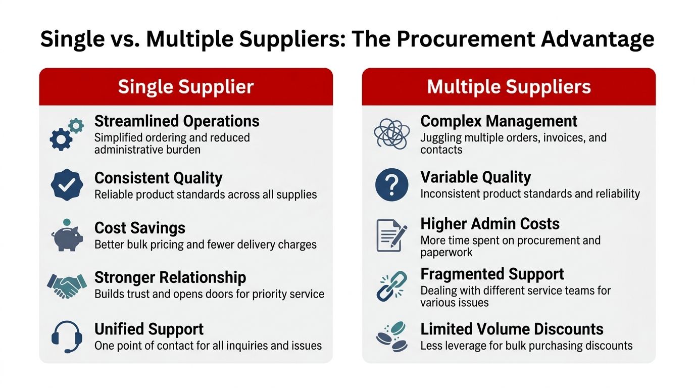 A comparison chart outlining the procurement advantages and disadvantages of using single versus multiple suppliers.