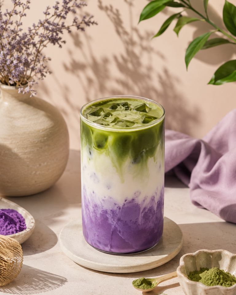Layered iced beverage with lavender and green hues.