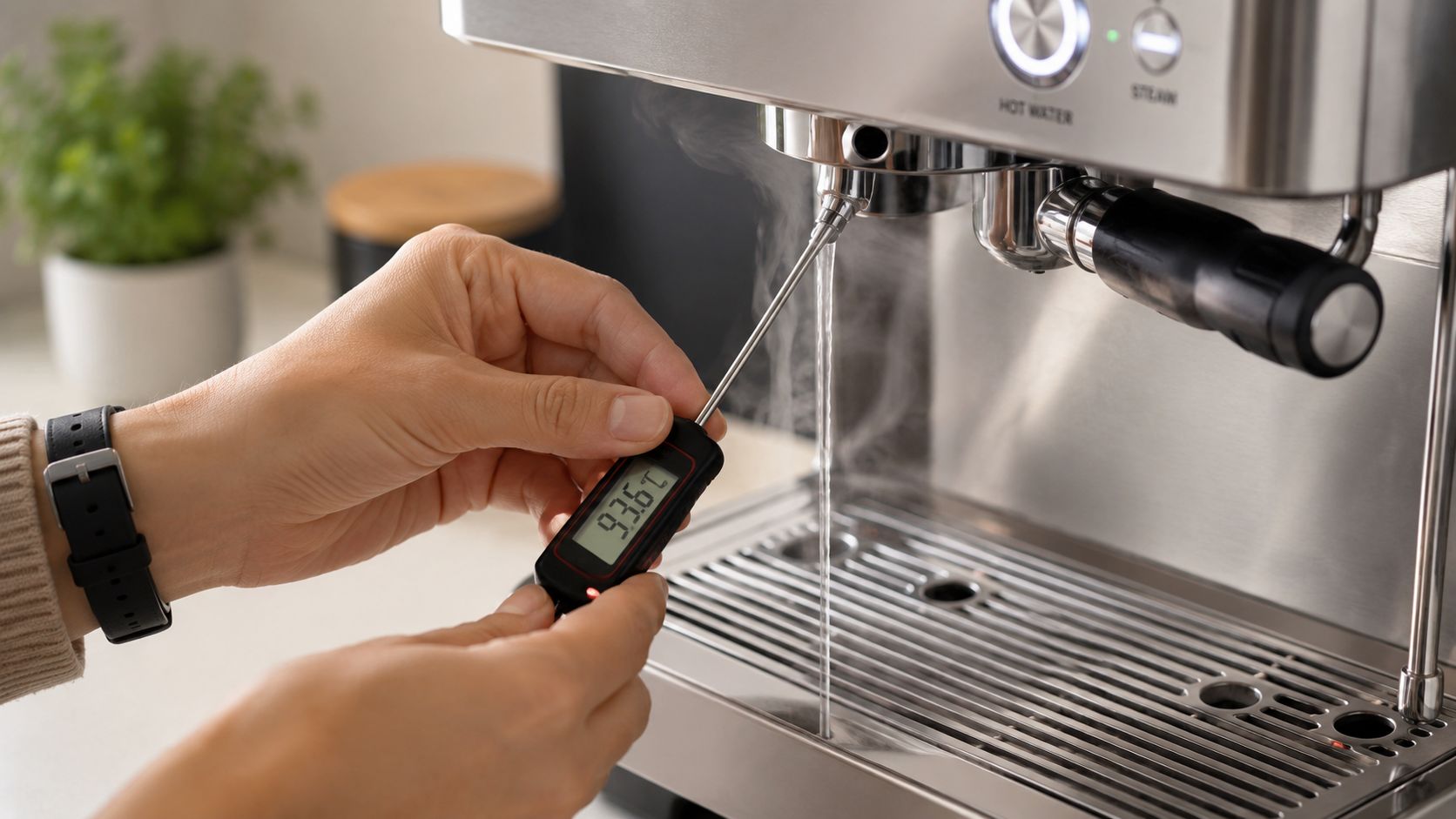 A person testing the hot water temperature of a stainless steel espresso coffee machine using a digital thermometer.