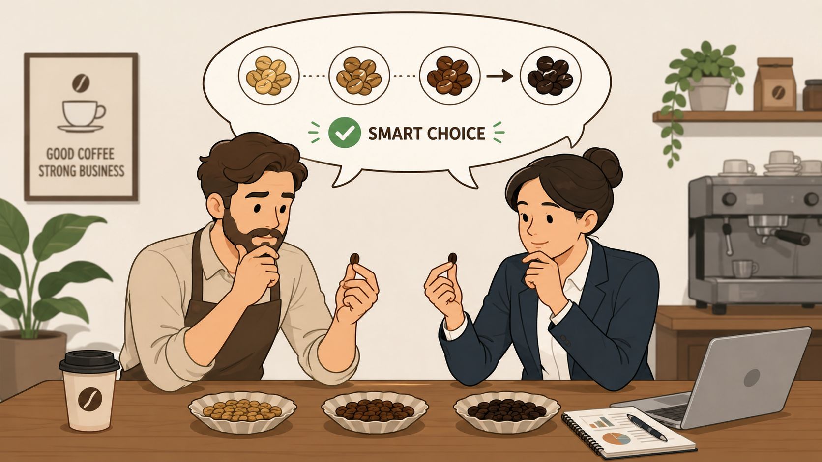 A barista and a businesswoman discussing different coffee bean roast levels in a modern cafe office setting.