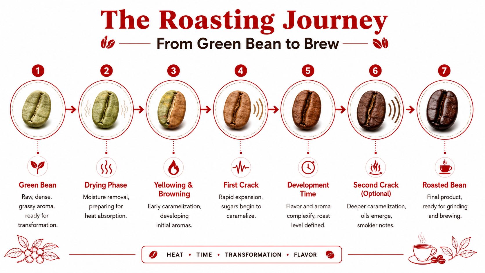 A visual guide showing the seven steps of the coffee roasting journey from green bean to roast.