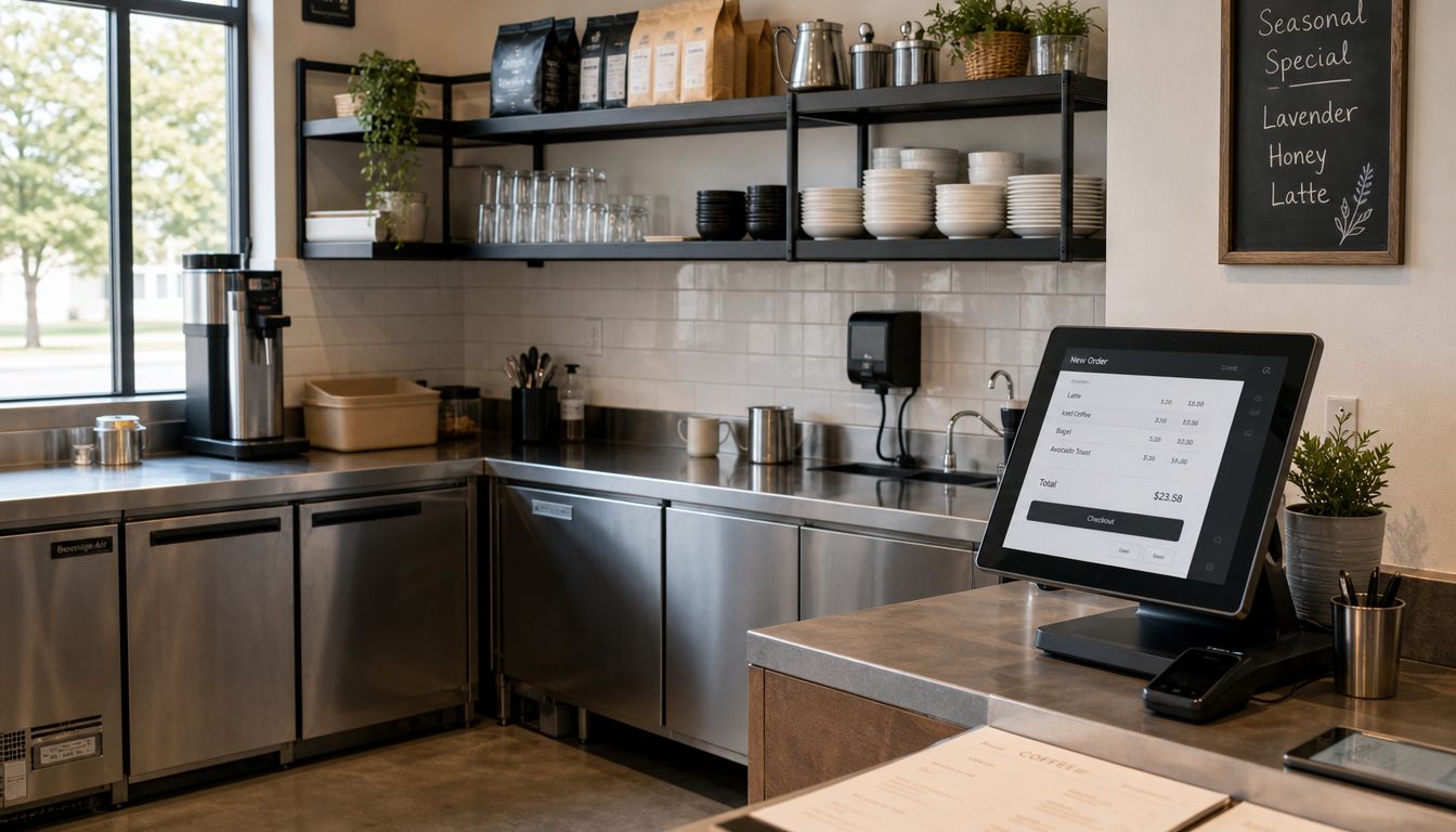 A clean, modern coffee shop counter featuring a professional POS system, stainless steel appliances, and shelving.