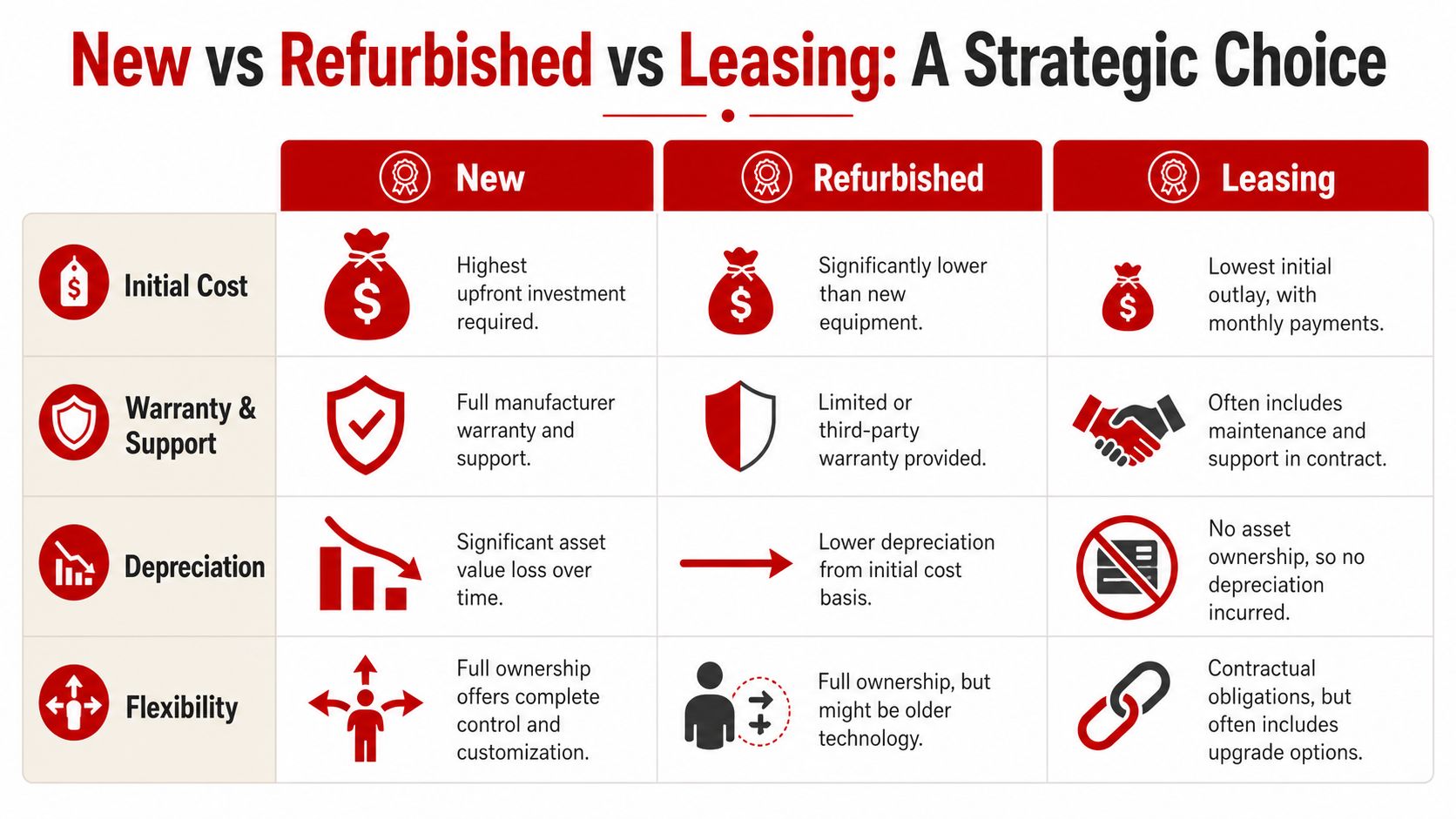A comparison chart outlining the strategic differences between purchasing new equipment, buying refurbished, or leasing.
