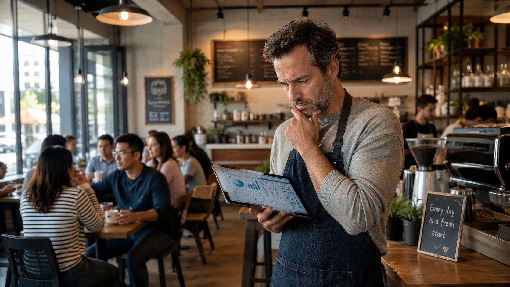 A cafe manager wearing an apron checks business profit data on a digital tablet in a coffee shop.