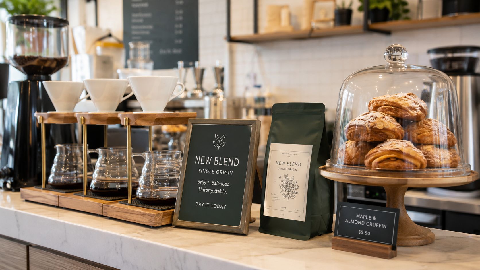 A professional coffee shop counter featuring pour-over stations, freshly roasted coffee beans, and a pastry display.