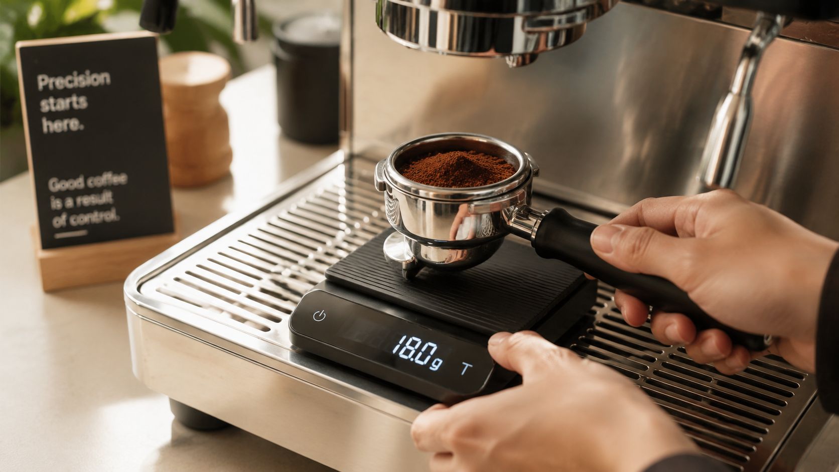 A person weighing fresh ground coffee in a portafilter using a digital scale before making espresso.