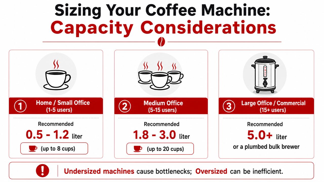 A guide for choosing the right coffee machine capacity for home, small, medium, or large offices.