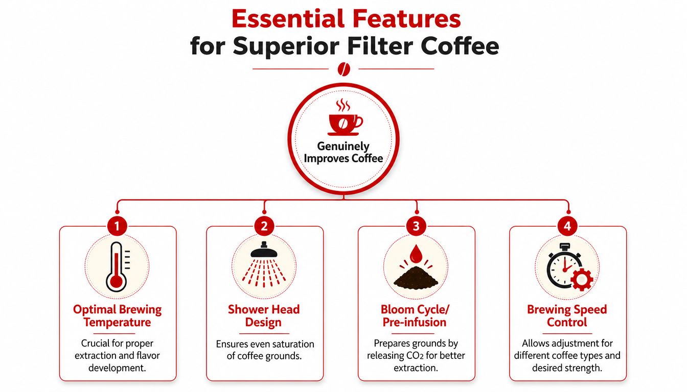 An infographic detailing four essential features for brewing superior filter coffee, including temperature and saturation control.