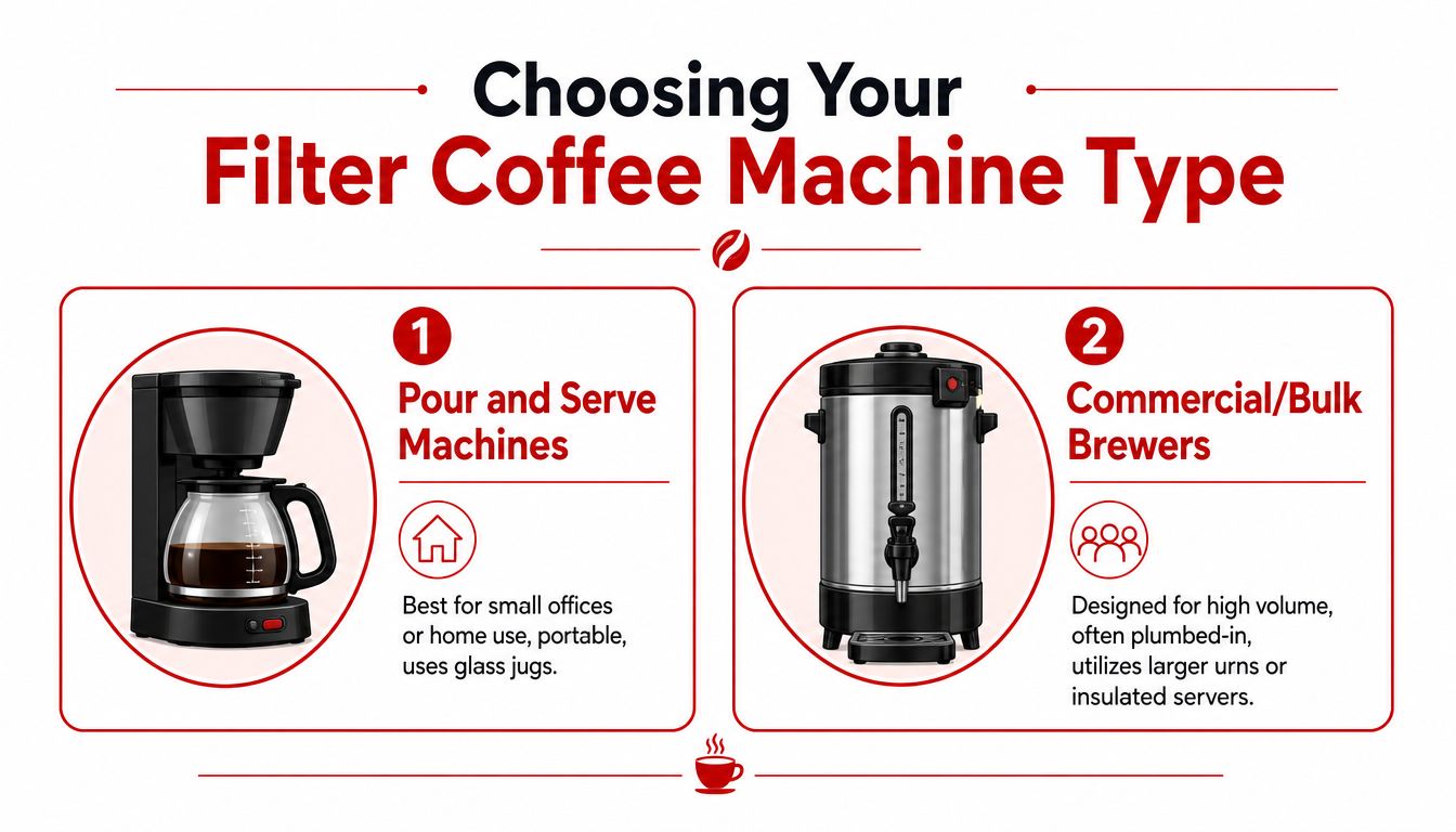 An infographic comparing two types of filter coffee machines for office and home use.