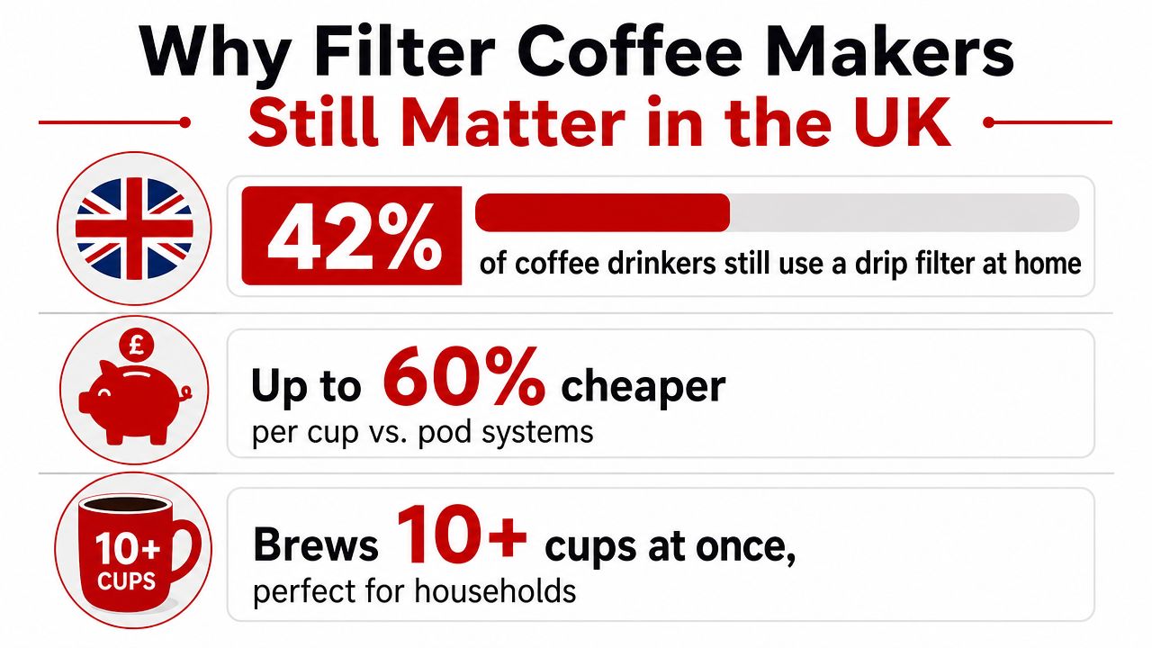 An infographic titled Why Filter Coffee Makers Still Matter in the UK highlighting key benefits like affordability.