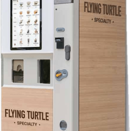 Vending machine displaying specialty food and drinks options.