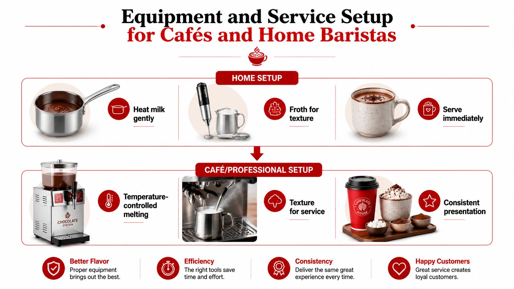 An infographic comparing professional café equipment versus home kitchen tools for making hot chocolate and hot cocoa.