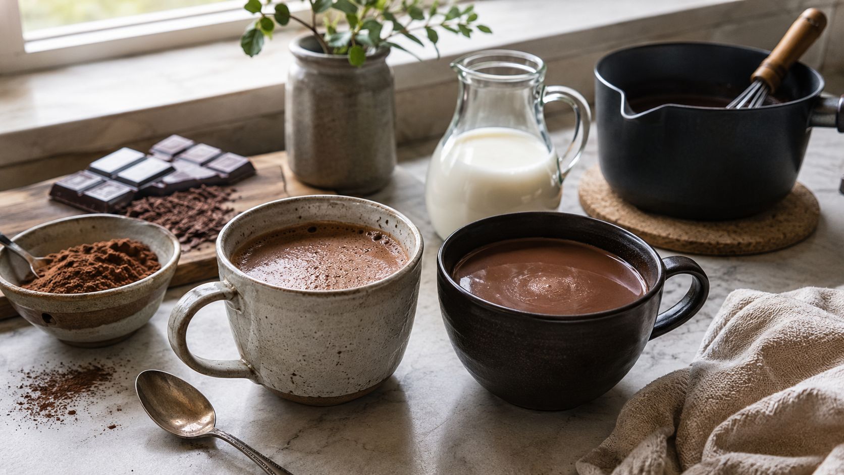 A warm cozy scene featuring two mugs of hot chocolate, cocoa powder, milk, and chocolate bars on a table.