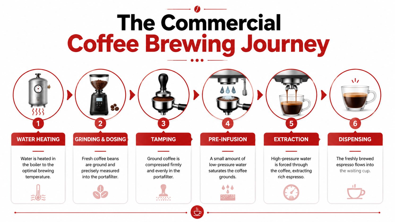 A step-by-step infographic illustrating the commercial coffee brewing process, from water heating to final espresso dispensing.