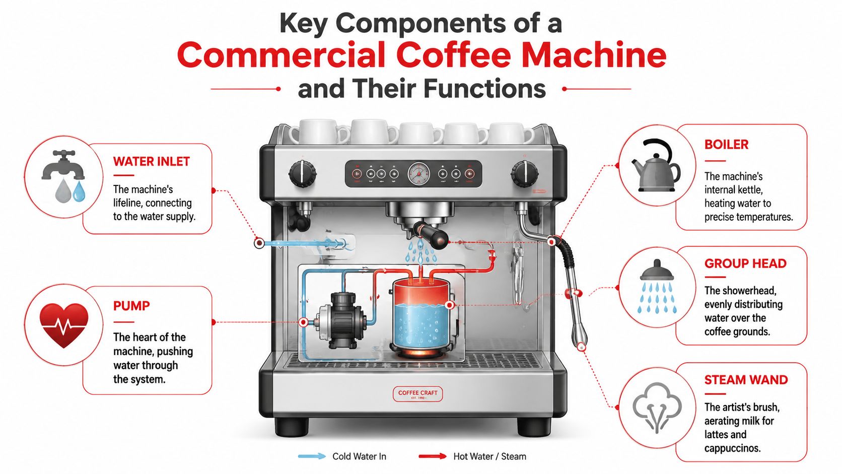 An infographic diagram illustrating the internal components and functions of a commercial espresso coffee machine.