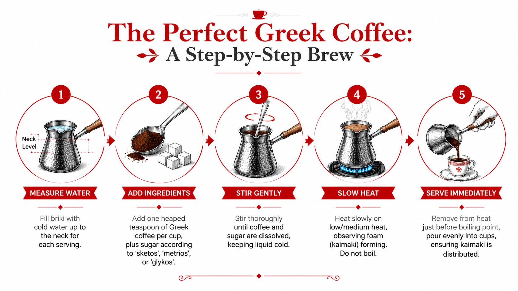 A step-by-step infographic illustrating the five stages for brewing authentic and traditional Greek coffee at home.