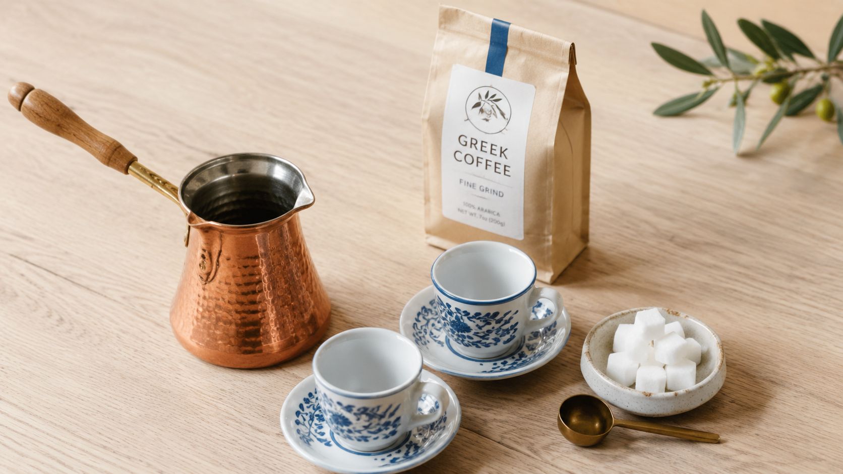 A copper briki, greek coffee bag, two floral cups, and sugar cubes arranged on a wooden table.