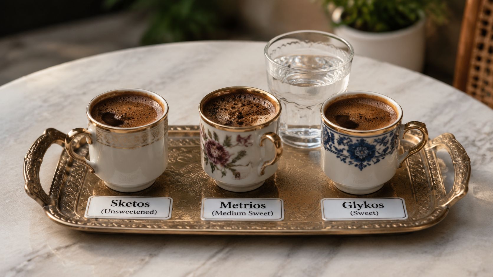 Three small cups of traditional Greek coffee arranged on a golden tray with a glass of water.