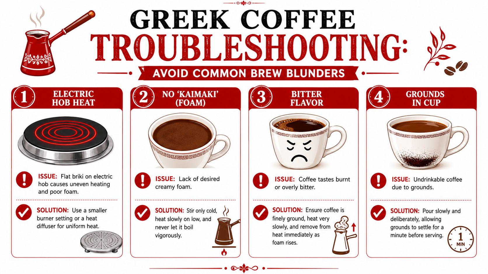 An infographic showing troubleshooting tips and solutions for common mistakes when brewing traditional Greek coffee.