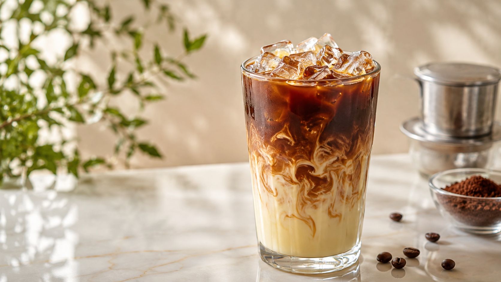 A tall glass of iced Vietnamese coffee with swirling condensed milk and coffee on a marble table.
