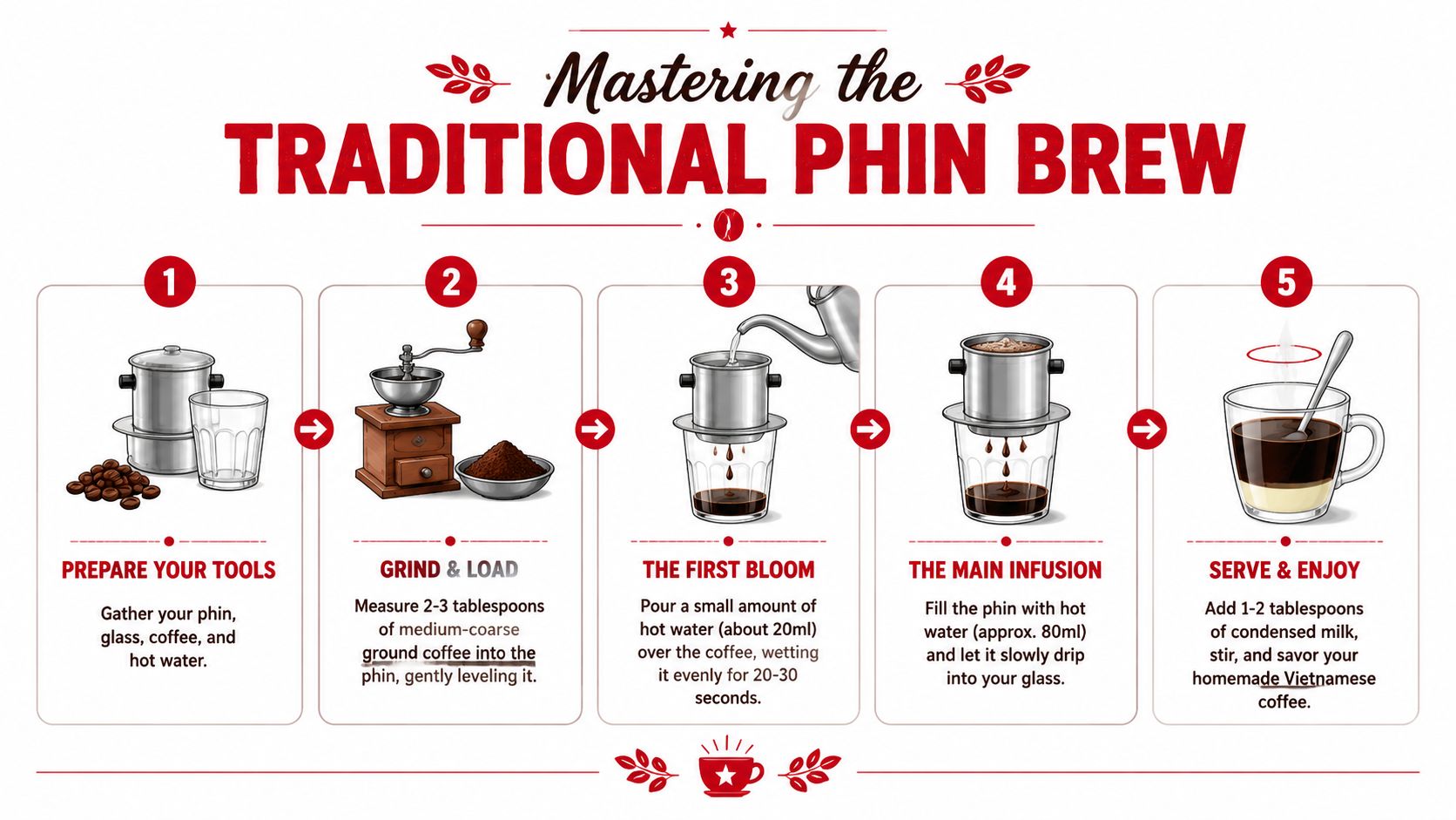 An instructional infographic detailing the five-step process for making traditional Vietnamese coffee using a phin filter.