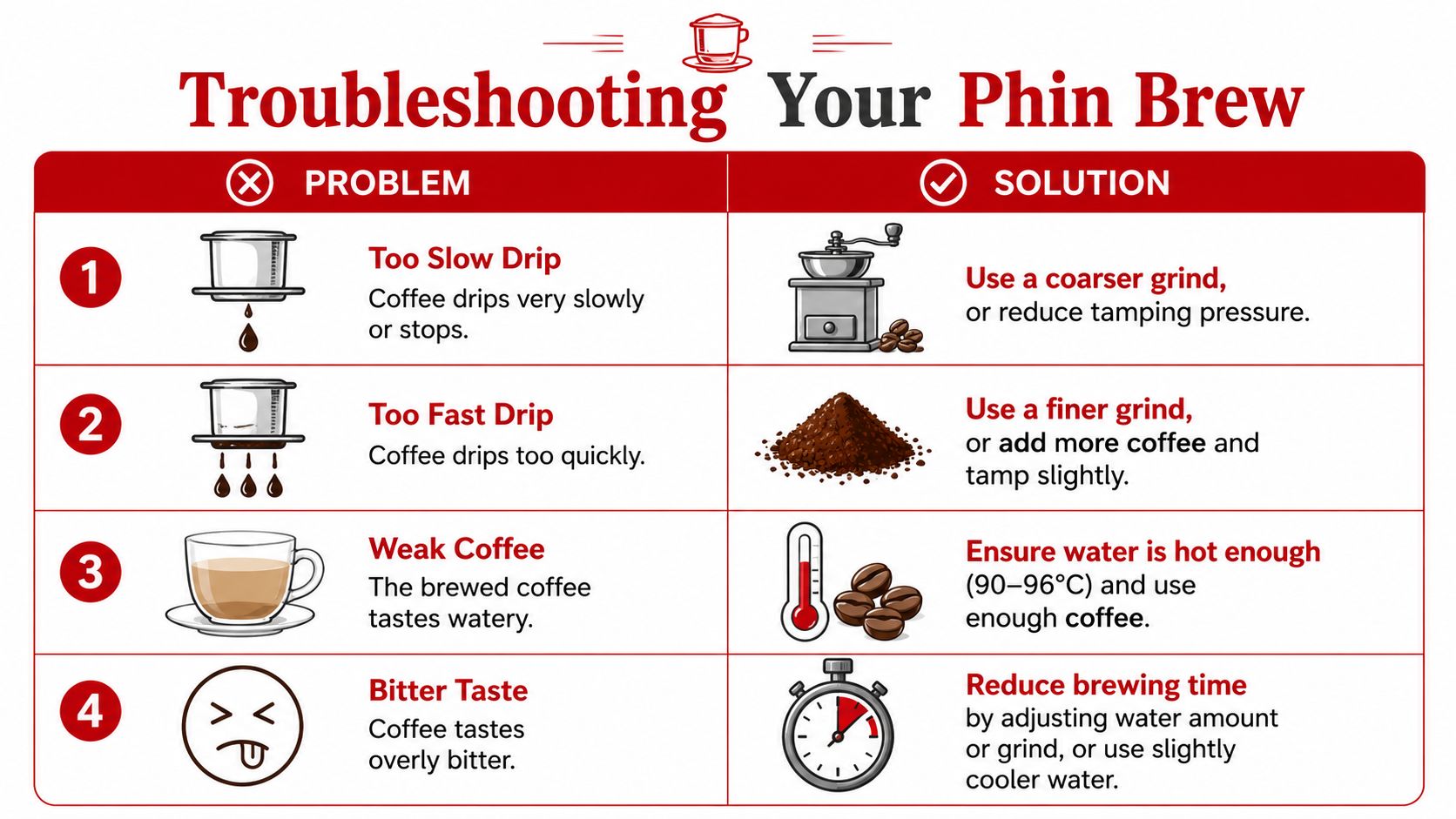 A troubleshooting infographic for Vietnamese Phin coffee brewers showing four common problems and their corresponding solutions.
