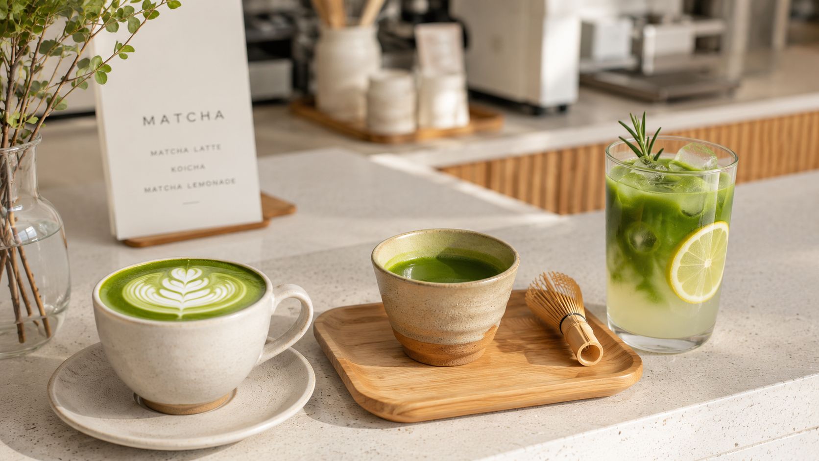 A minimalist café scene featuring a matcha latte, traditional matcha tea, and iced matcha lemonade on a counter.