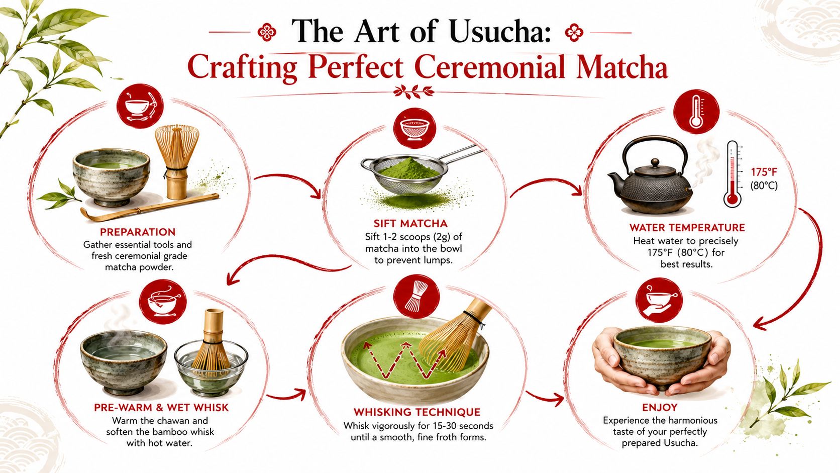 An infographic detailing the step-by-step process of preparing authentic Japanese ceremonial Usucha matcha tea at home.