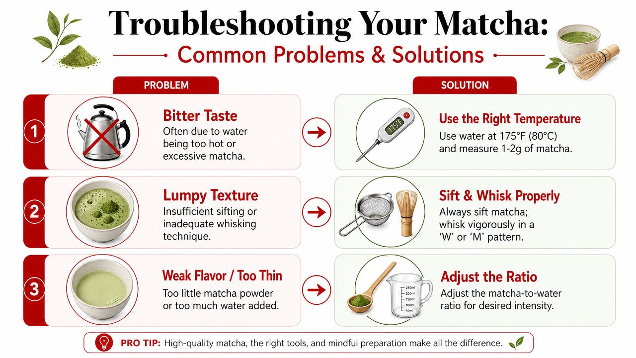 An infographic illustrating common matcha preparation problems like bitter taste, lumpy texture, and weak flavor with solutions.