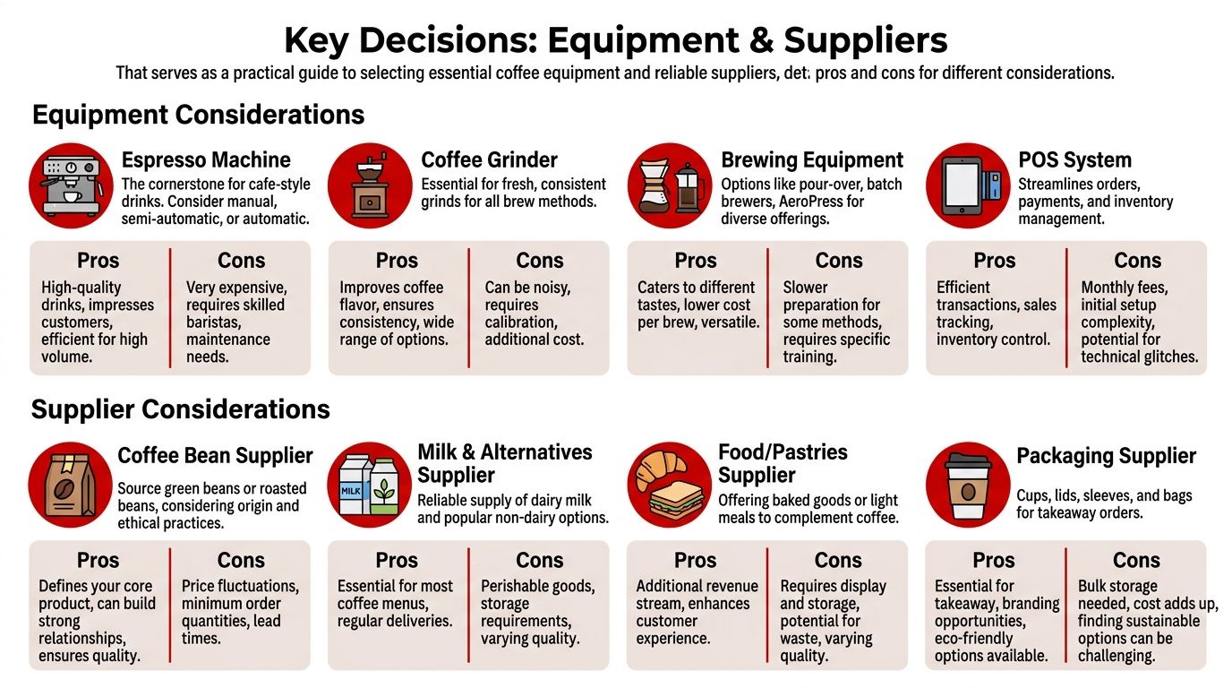A infographic chart detailing key equipment and supplier considerations for starting and running a coffee shop business.