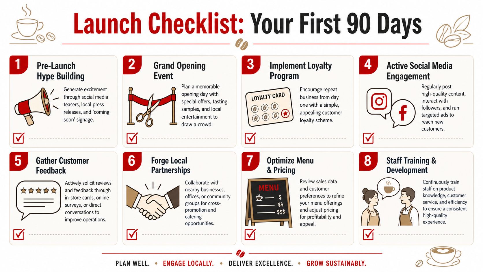 A structured checklist for new coffee shops outlining eight key steps to launch and grow successfully.