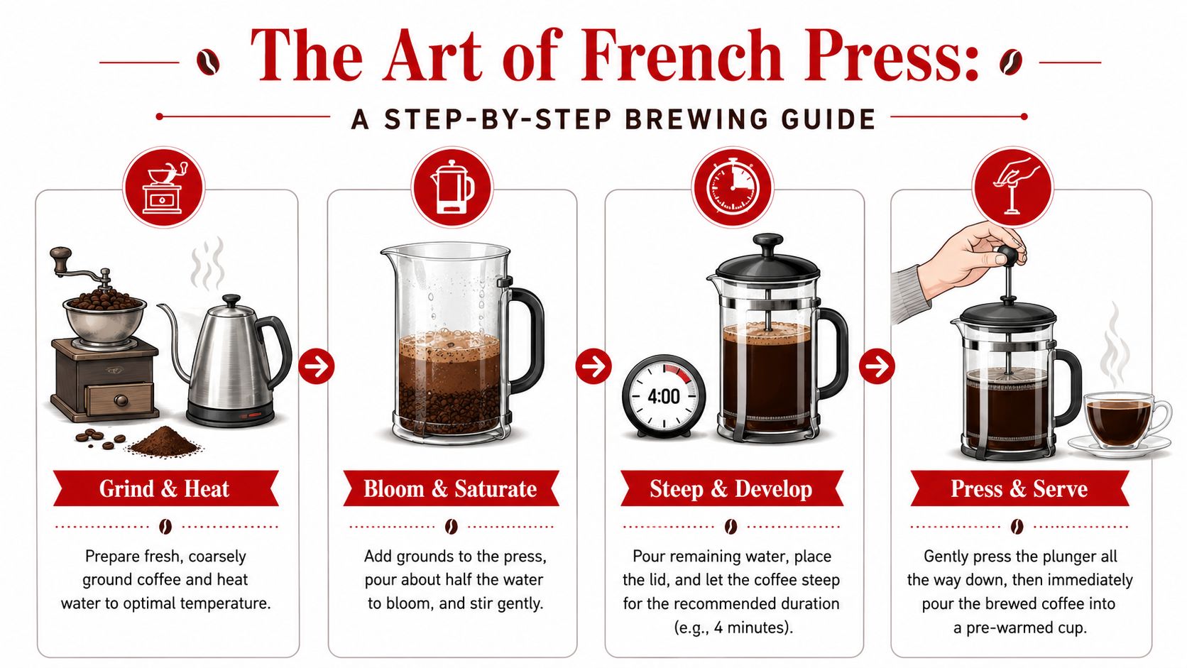 A step-by-step illustrated guide showing how to brew coffee using a French press brewing method.