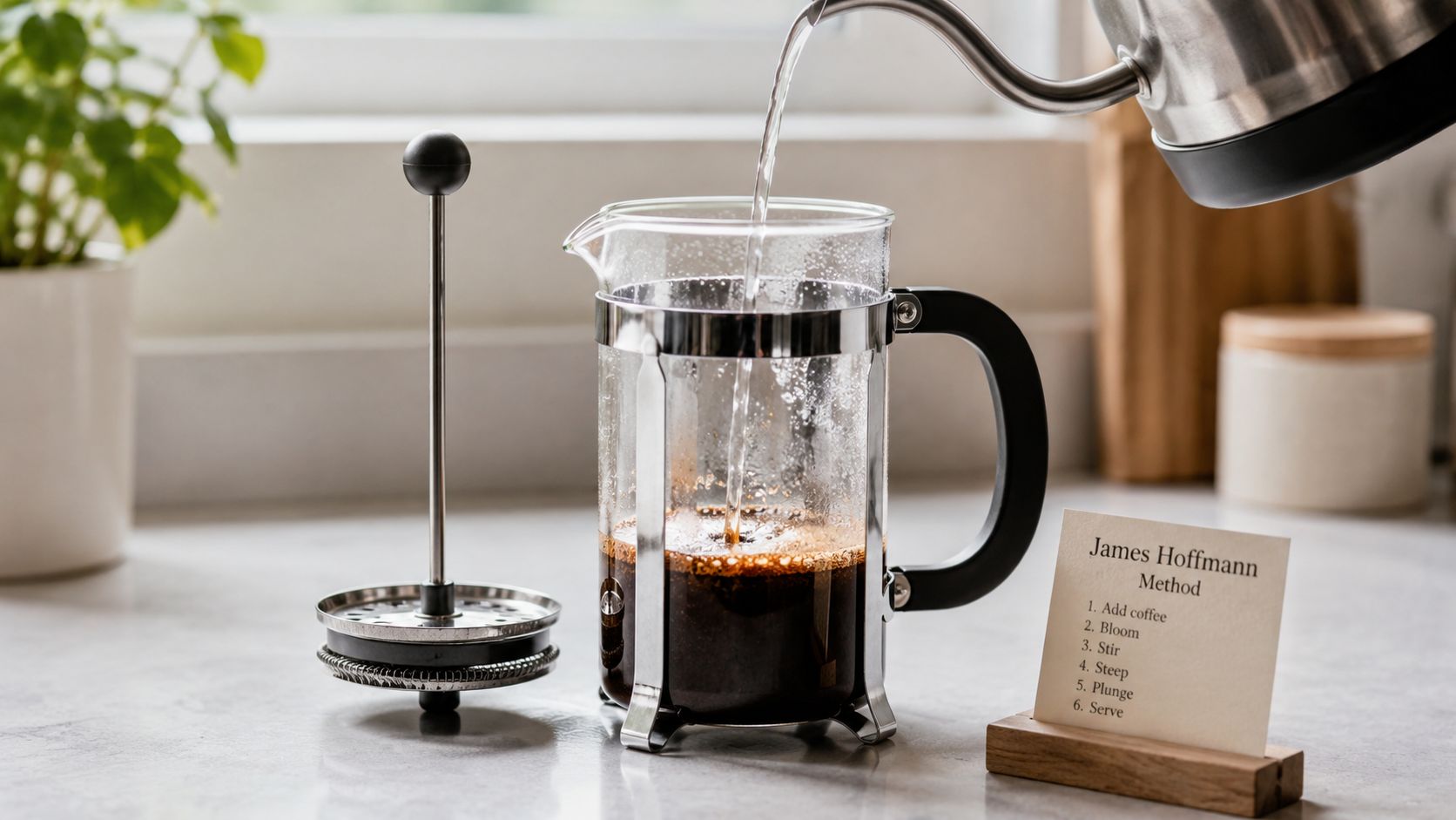 A stainless steel gooseneck kettle pouring hot water into a glass French press on a kitchen counter.