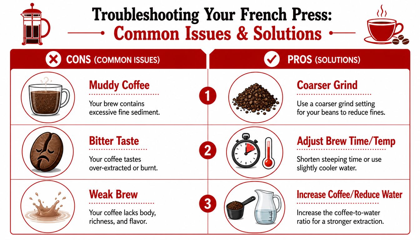 A helpful infographic outlining common issues with French press coffee and their corresponding solutions.