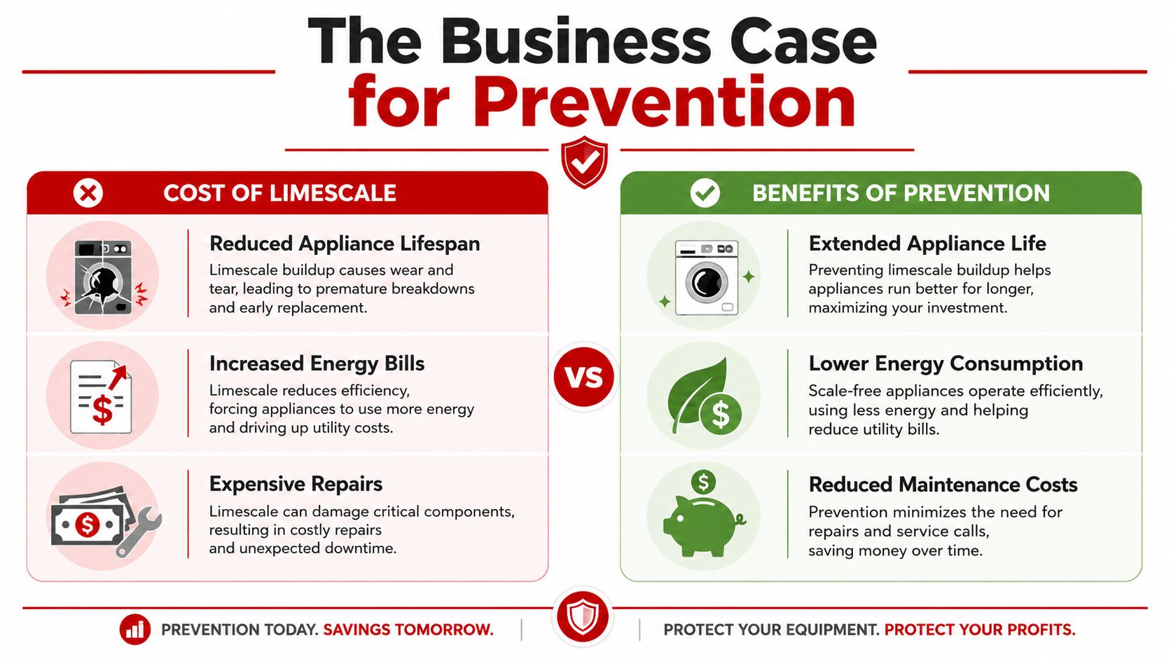 An infographic comparing the negative costs of limescale buildup with the long-term benefits of preventative appliance maintenance.