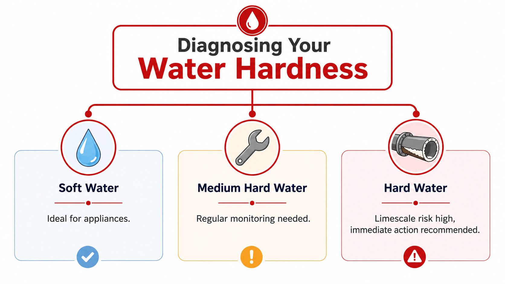 A diagnostic chart illustrating the three levels of water hardness: soft, medium hard, and hard water.