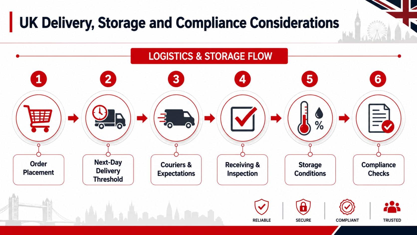 A logistics and storage flow chart illustrating the six-step process for wholesale supply chain management in the UK.