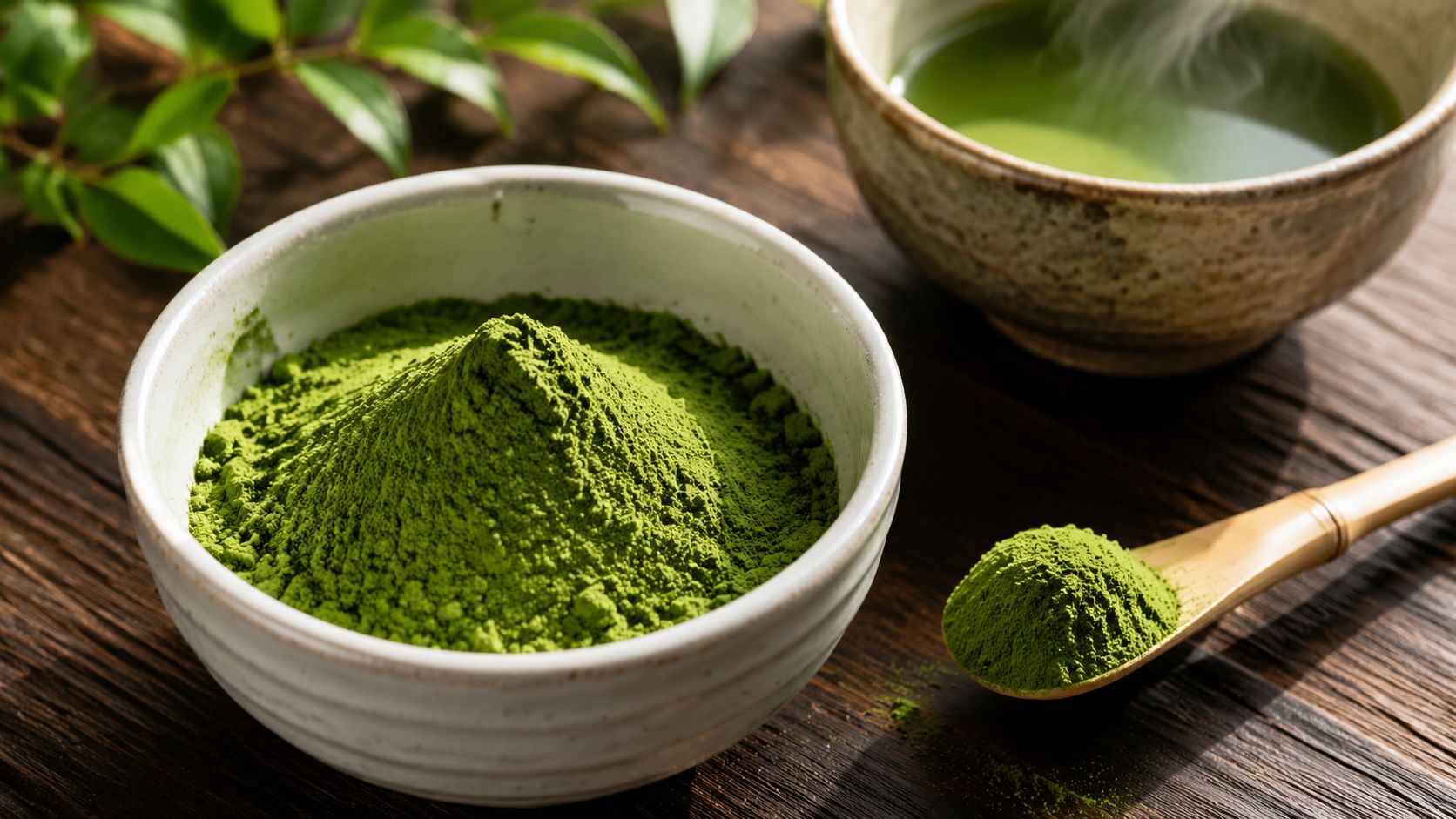 A ceramic bowl filled with bright green matcha powder next to a bamboo spoon and tea.