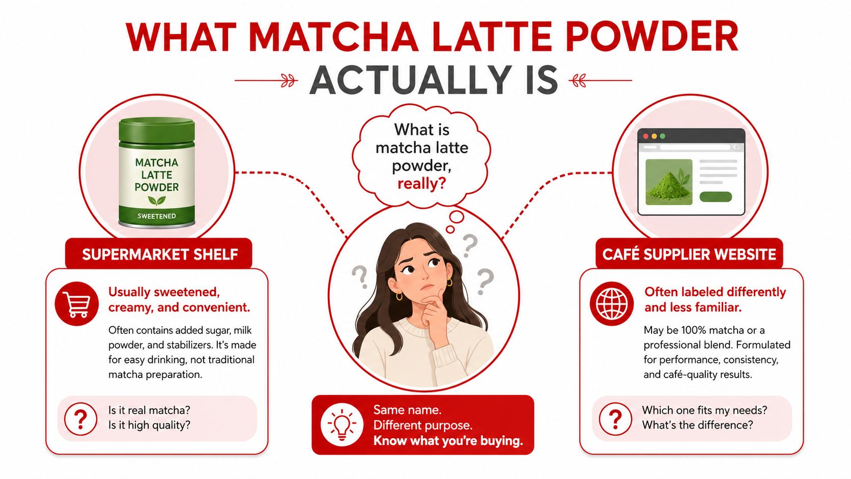 An infographic illustrating the differences between supermarket-bought and cafe-supplier matcha latte powder products.