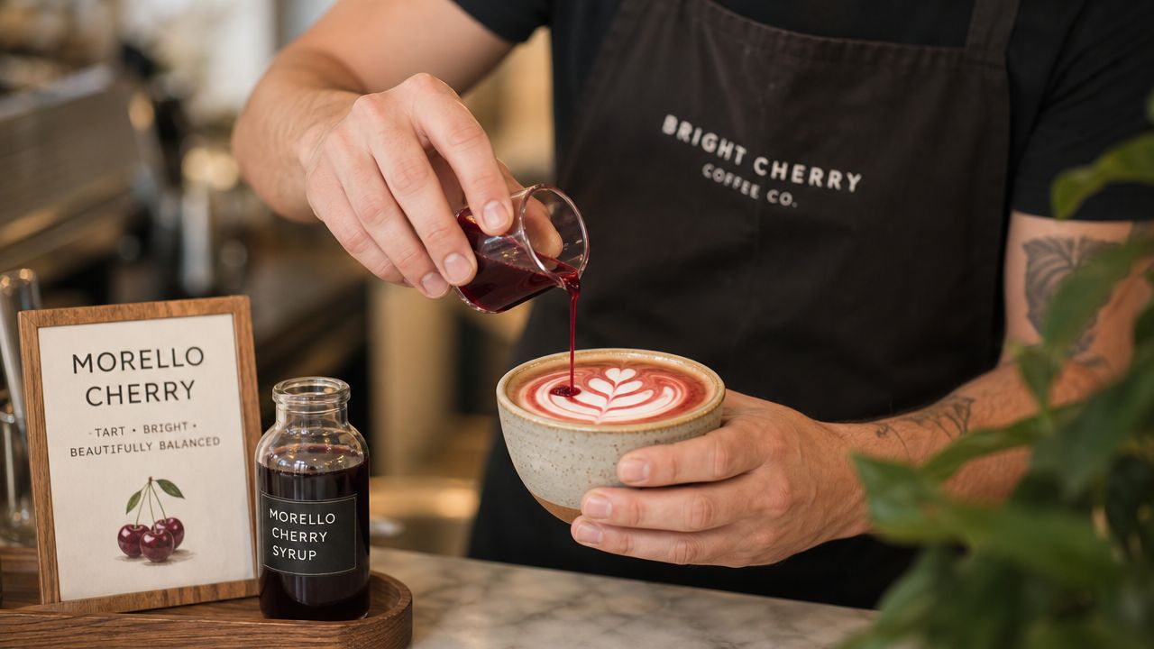A barista pouring dark red morello cherry syrup into a latte with latte art in a cafe.